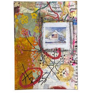 ACEO Original Art Acrylic Collage 2022 USA Barn Flag Postage Stamp Map ATC